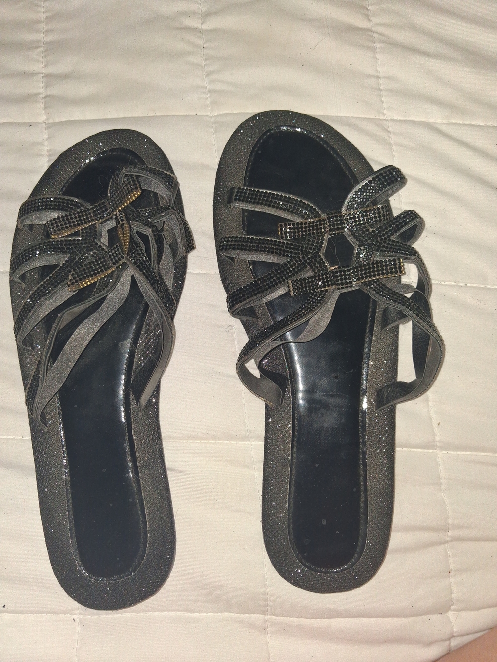 Women's Black Glitter Strappy Slip-On Sandals